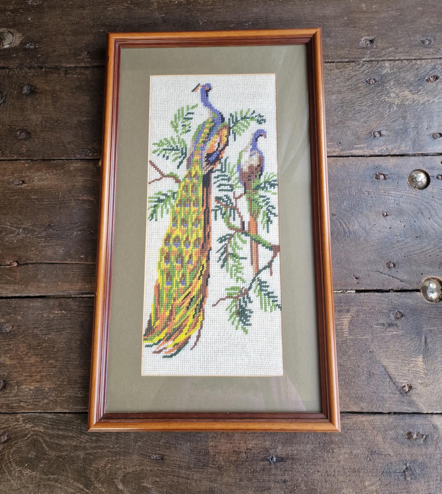 Vintage Framed Peacock Needlepoint Picture Handmade 1990 Textile Art