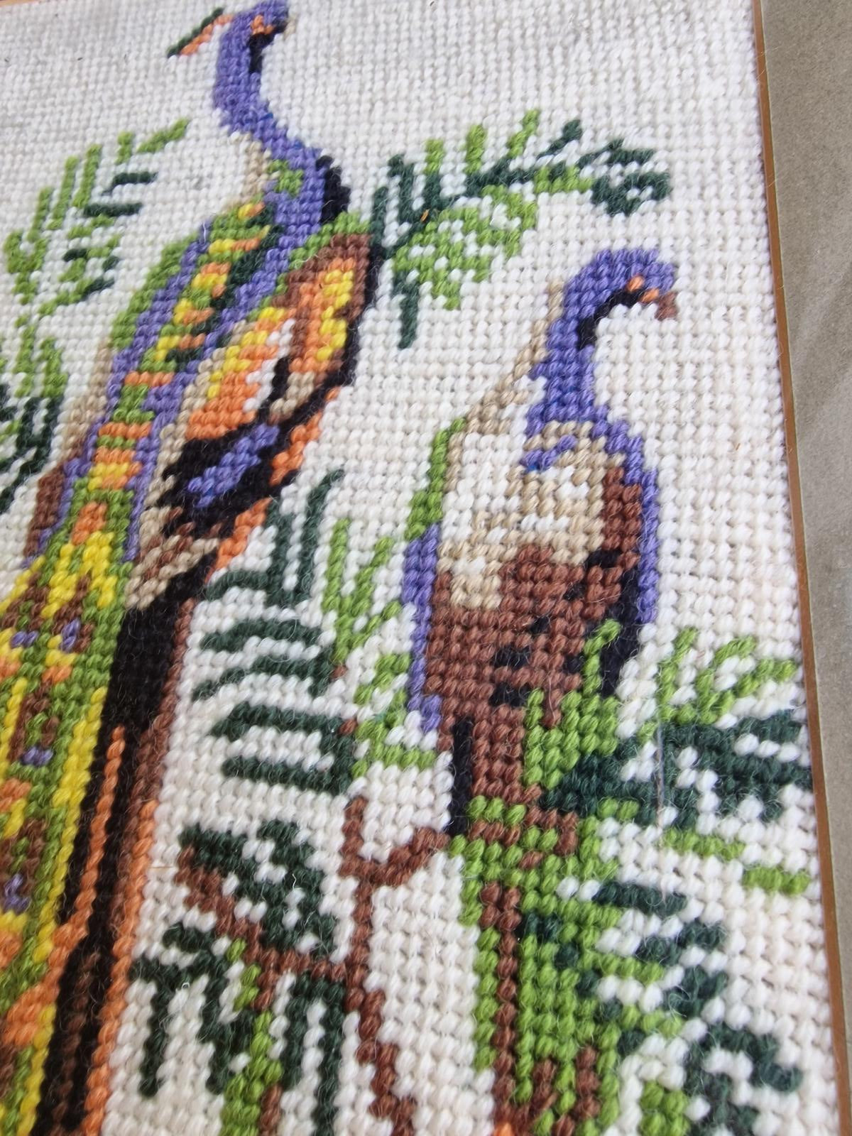 Vintage Framed Peacock Needlepoint Picture Handmade 1990 Textile Art