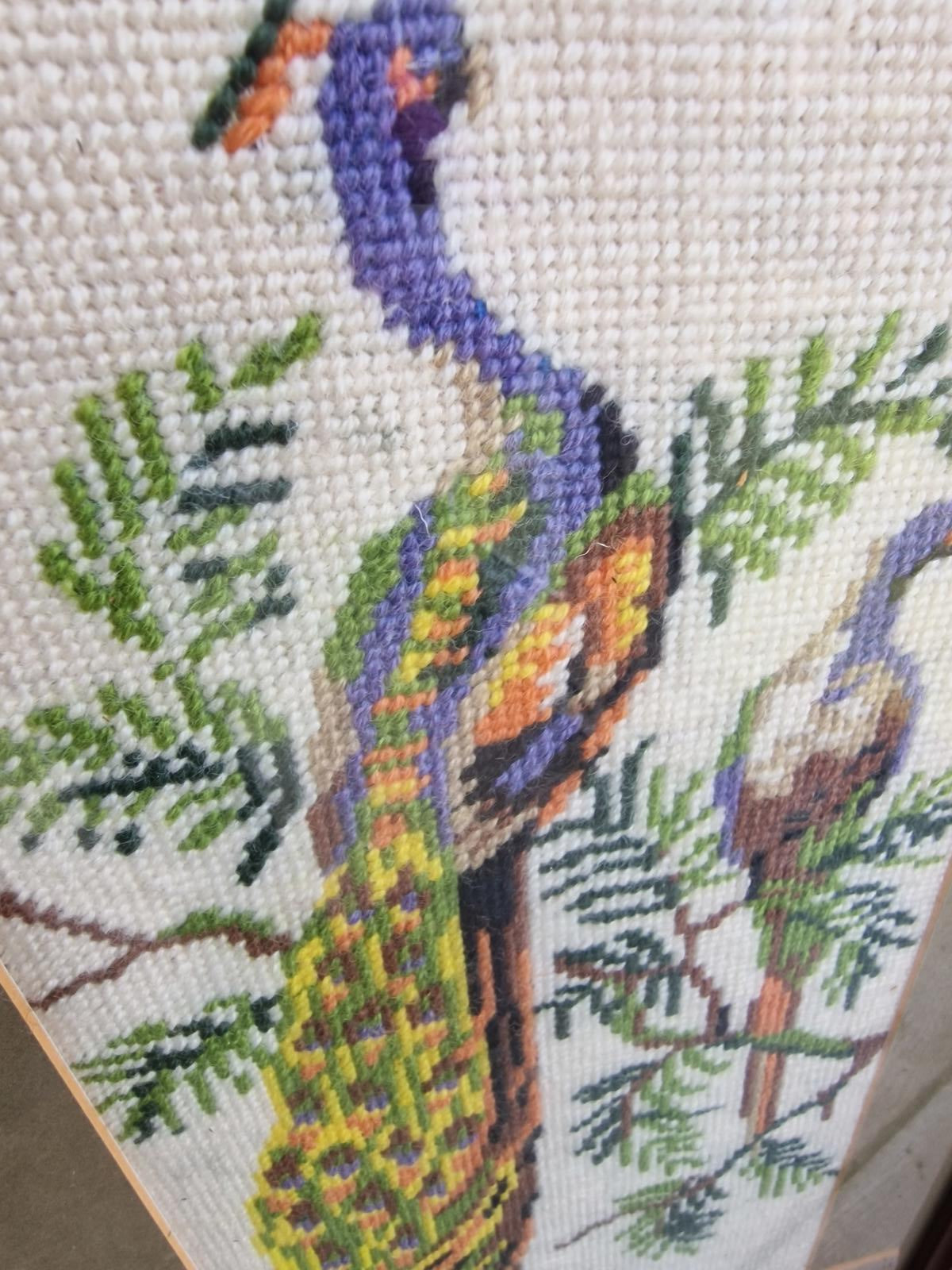 Vintage Framed Peacock Needlepoint Picture Handmade 1990 Textile Art