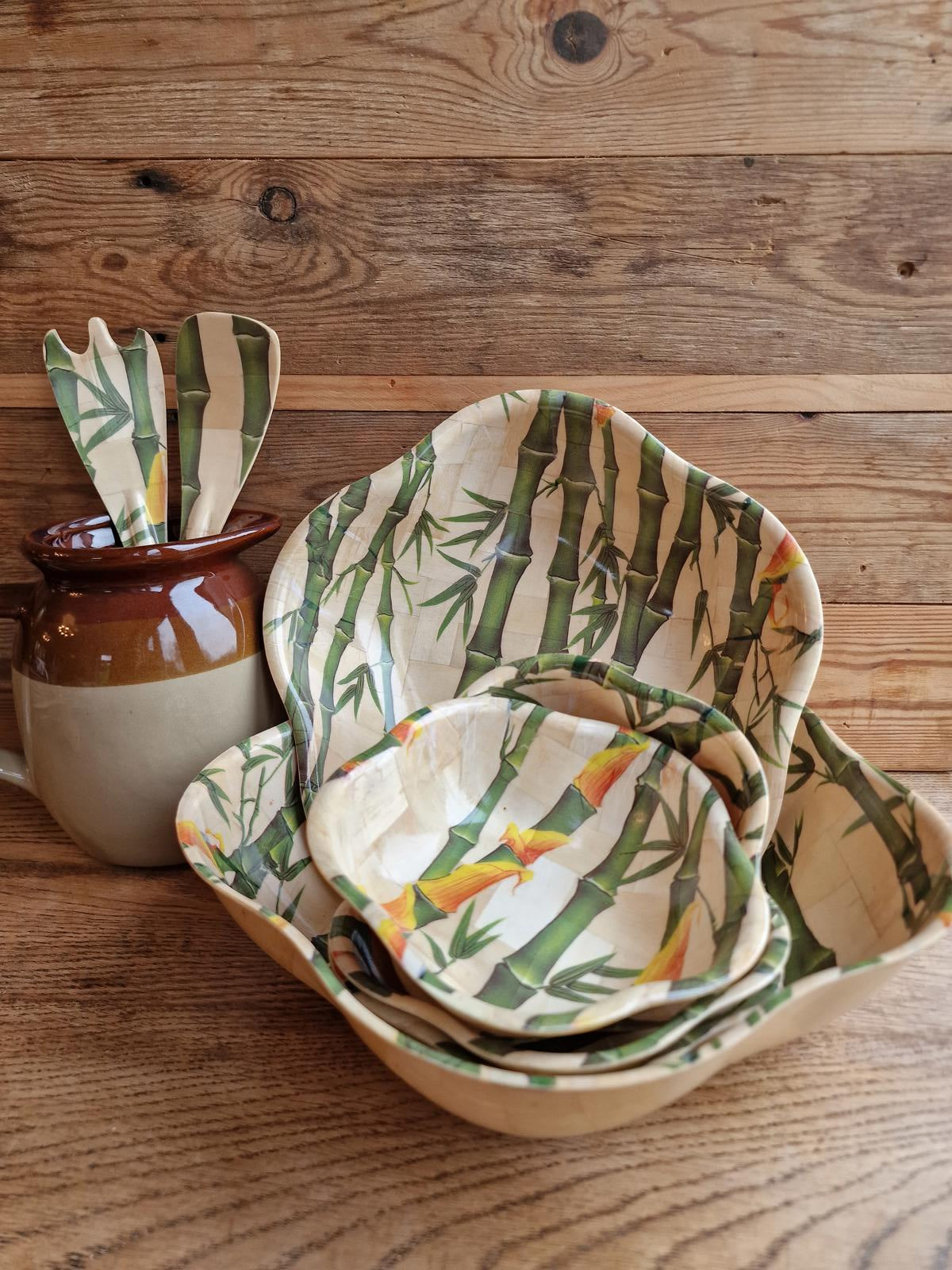 Vintage Bamboo Salad Serving Bowl Set - Mid Century Modern