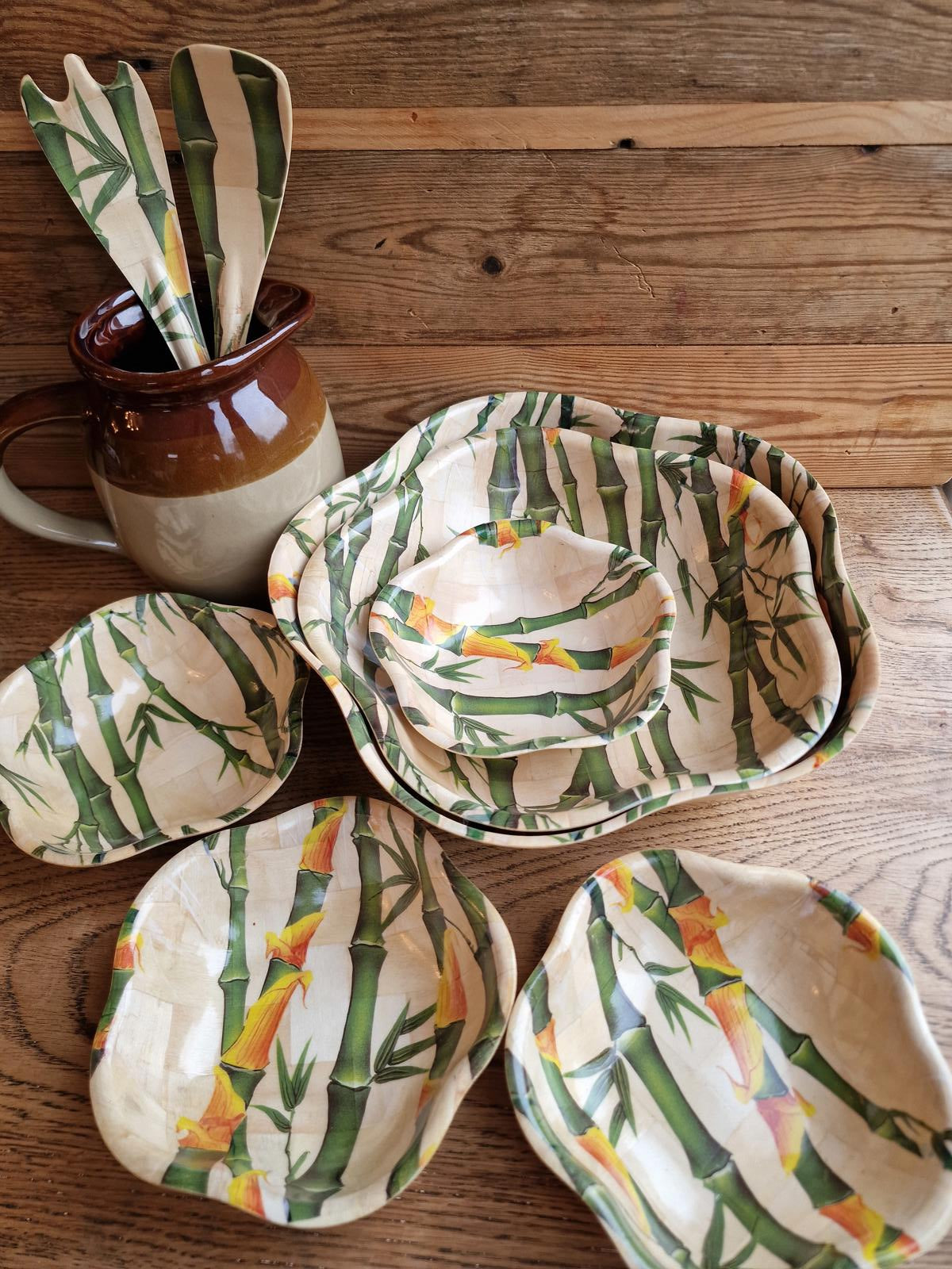 Vintage Bamboo Salad Serving Bowl Set - Mid Century Modern