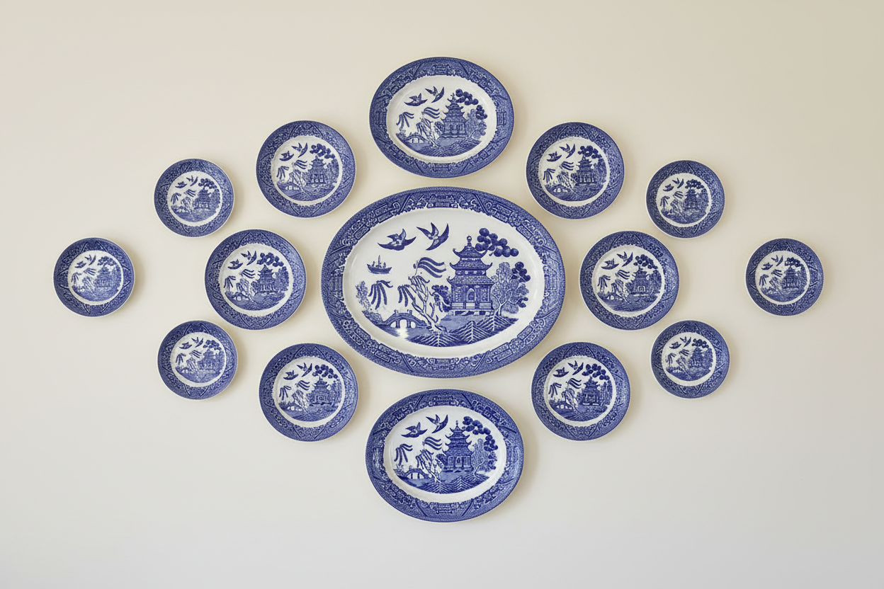 blue and white willow pattern plaes on a wall
