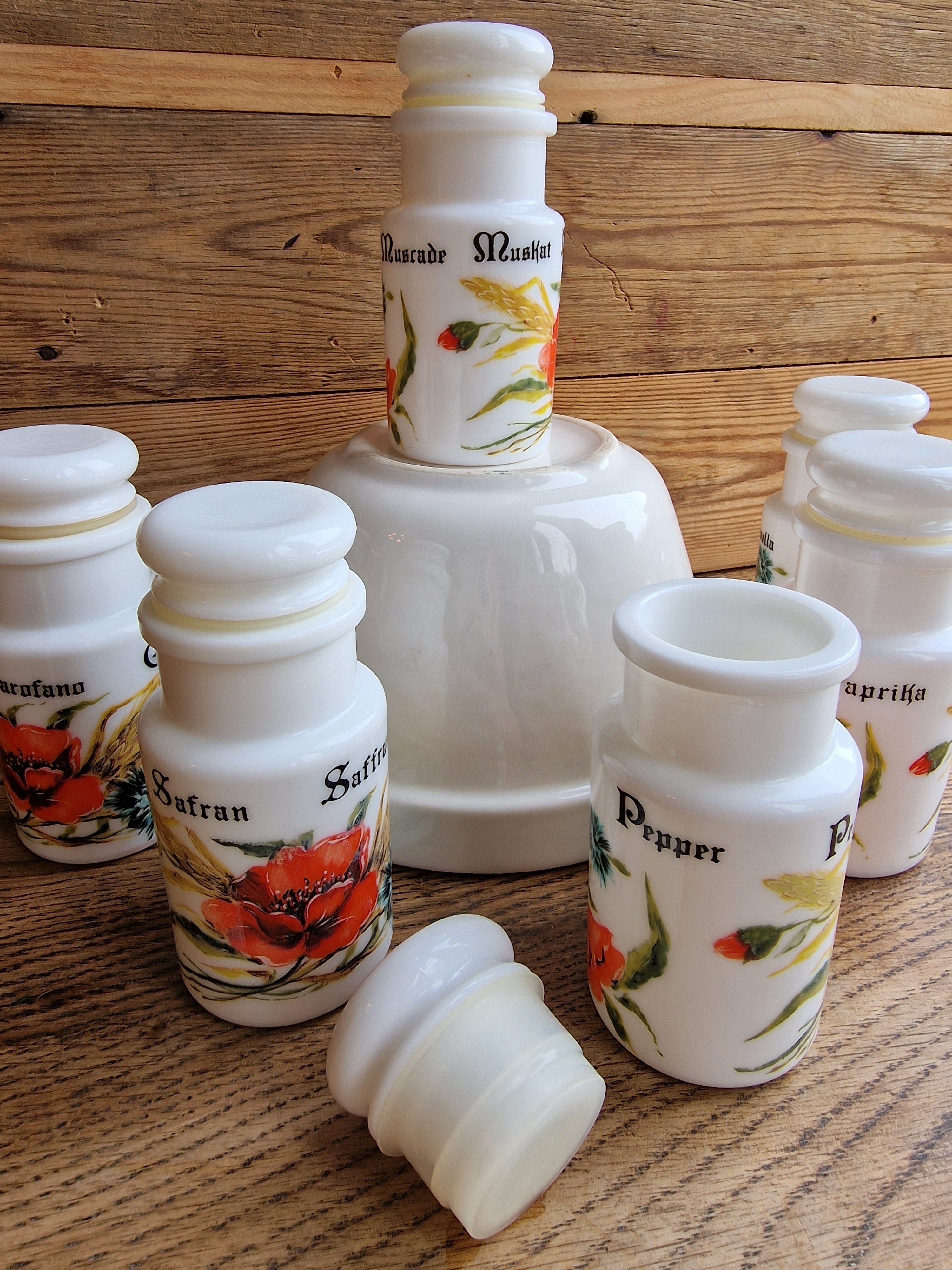 Set of Italian milk glass spice jars