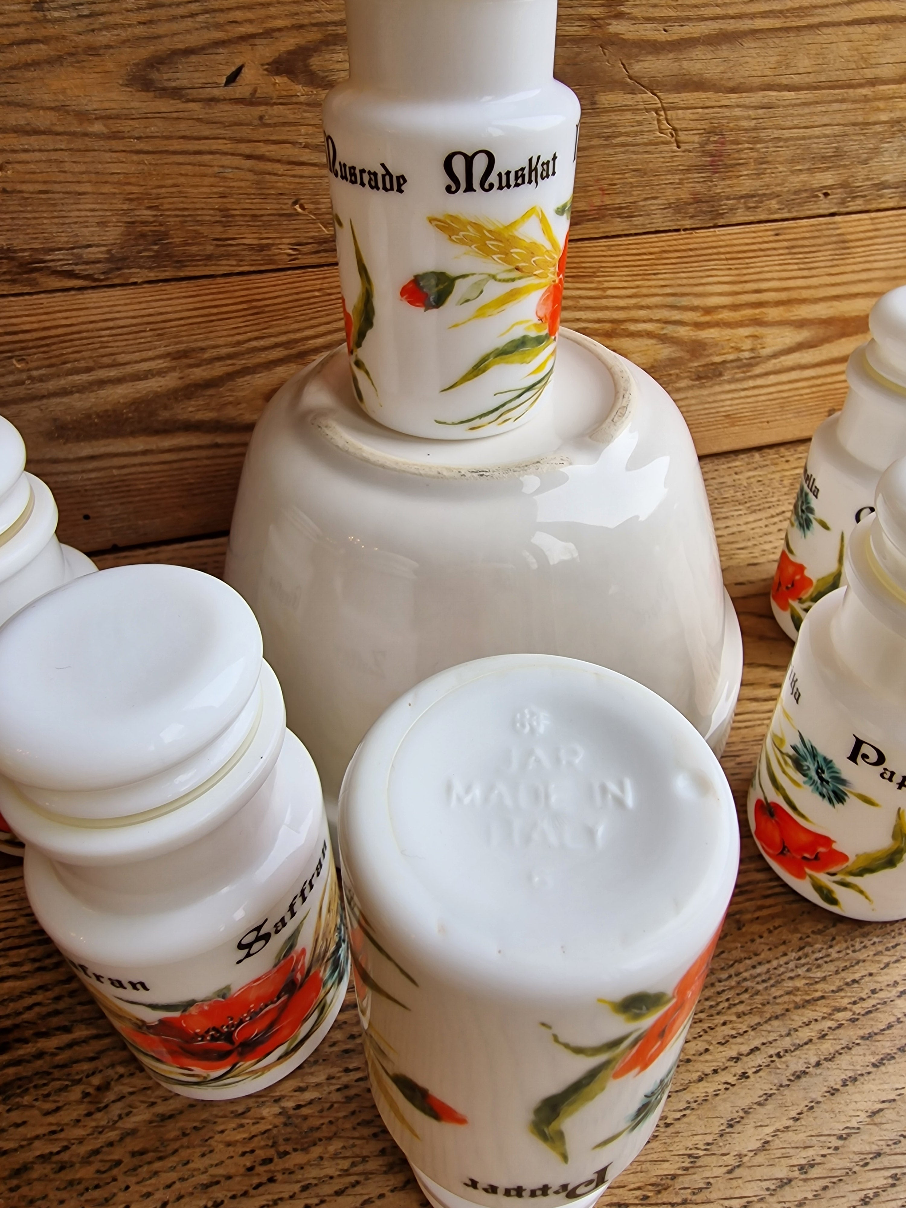 Set of Italian milk glass spice jars