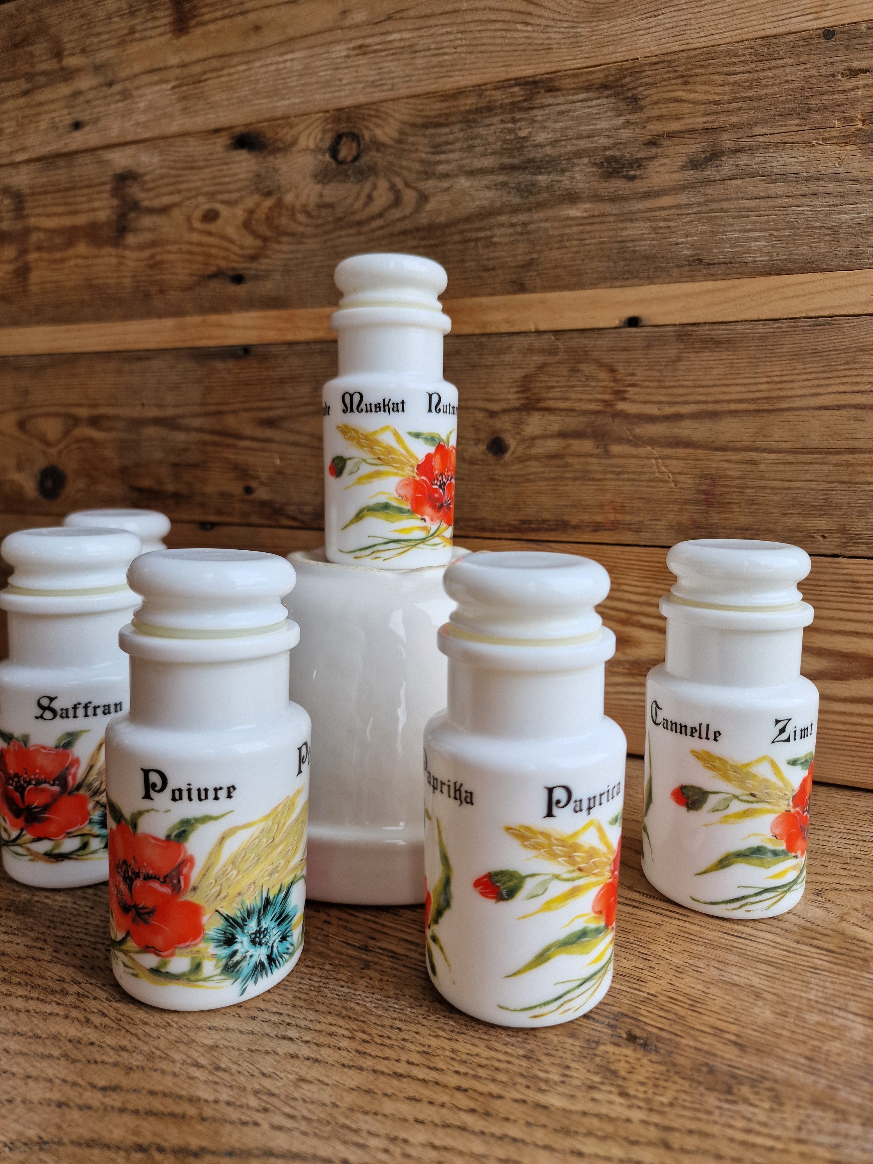Set of Italian milk glass spice jars