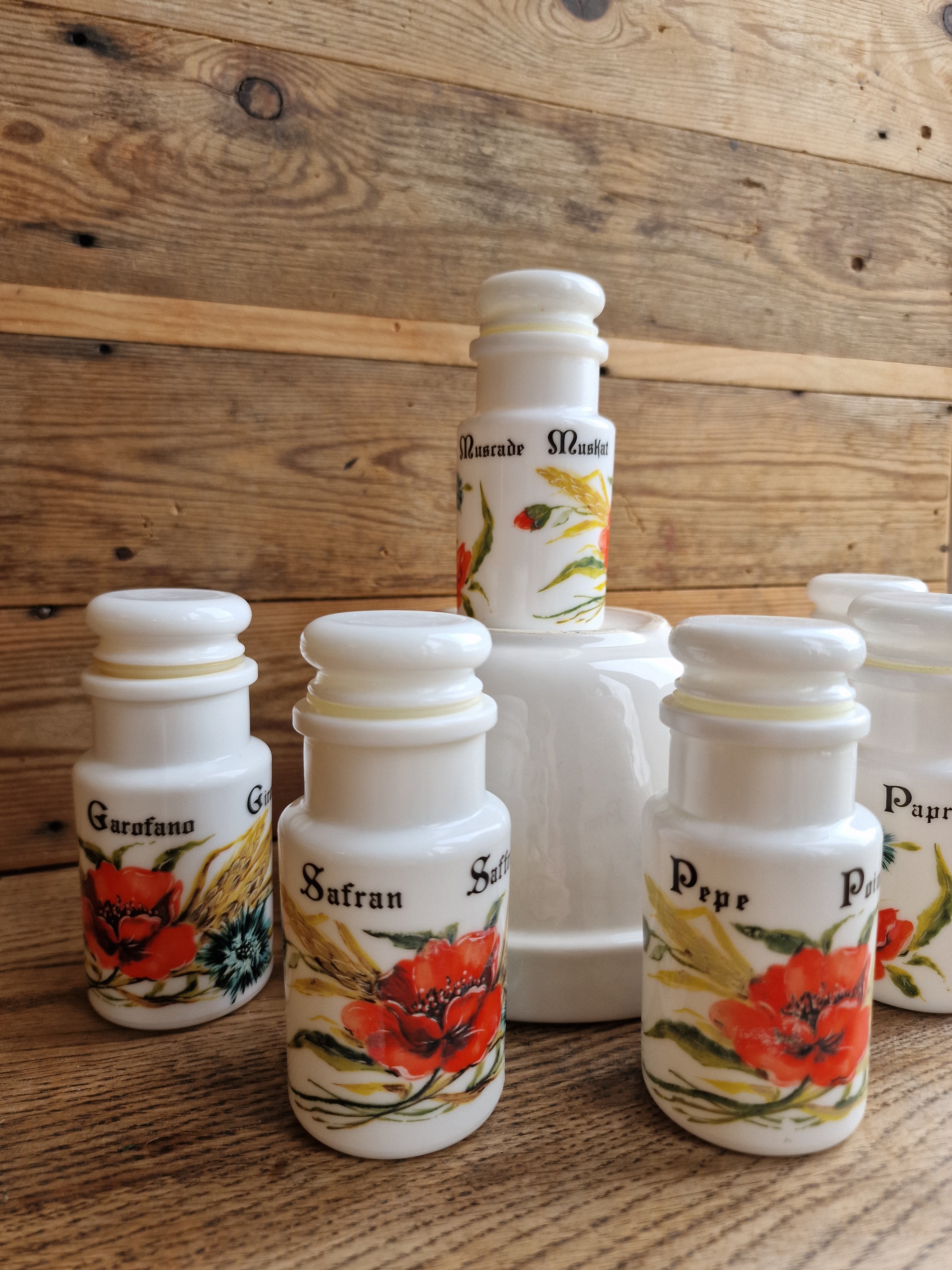 Set of Italian milk glass spice jars