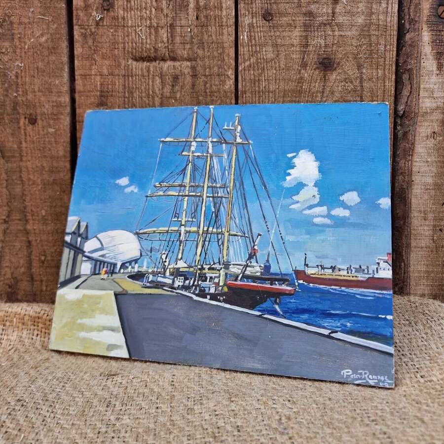 Boat in harbour oil on board by Peter Ramage