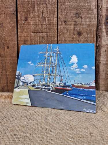 Boat in harbour oil on board by Peter Ramage