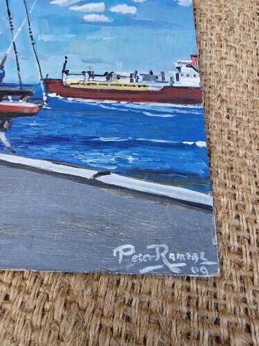 Boat in harbour oil on board by Peter Ramage