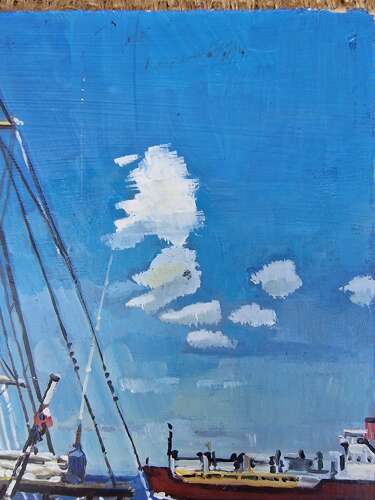 Boat in harbour oil on board by Peter Ramage