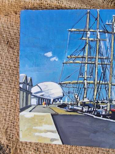 Boat in harbour oil on board by Peter Ramage