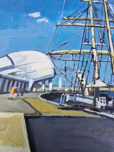 Boat in harbour oil on board by Peter Ramage