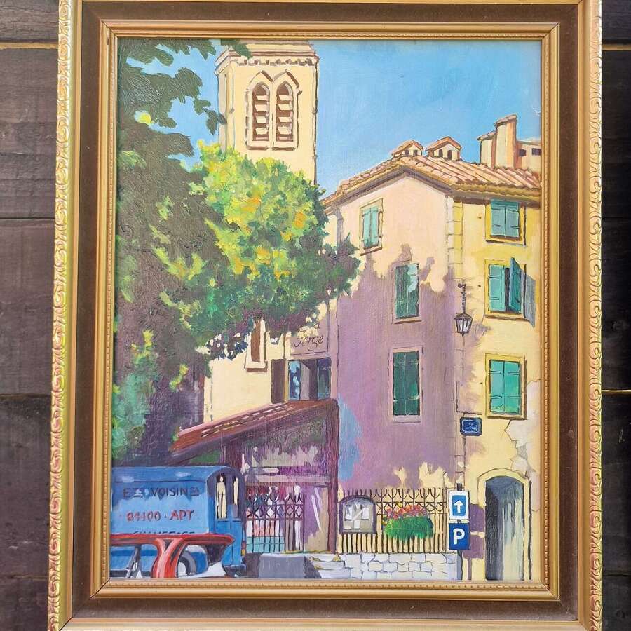 Framed oil on board street scene