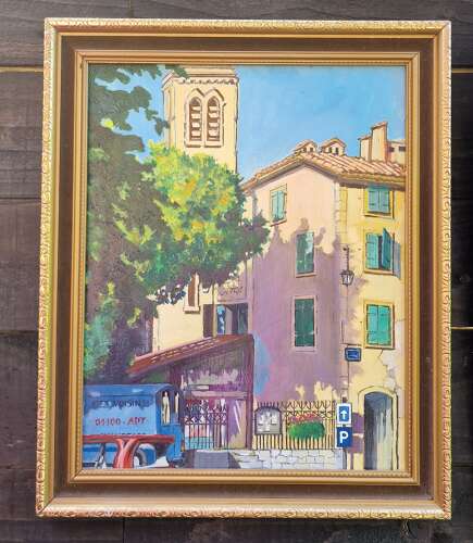 Framed oil on board street scene