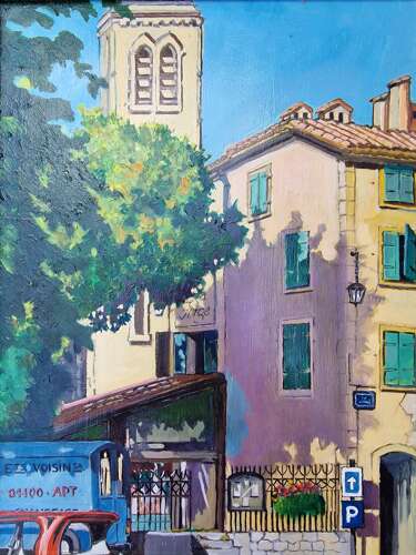 Framed oil on board street scene