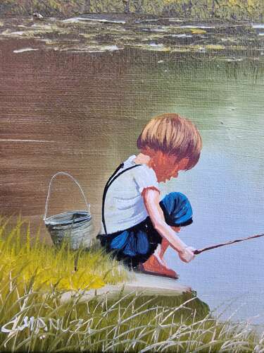 Boy fishing framed oil on canvas