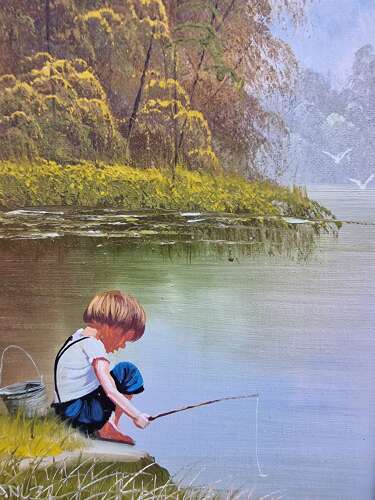 Boy fishing framed oil on canvas