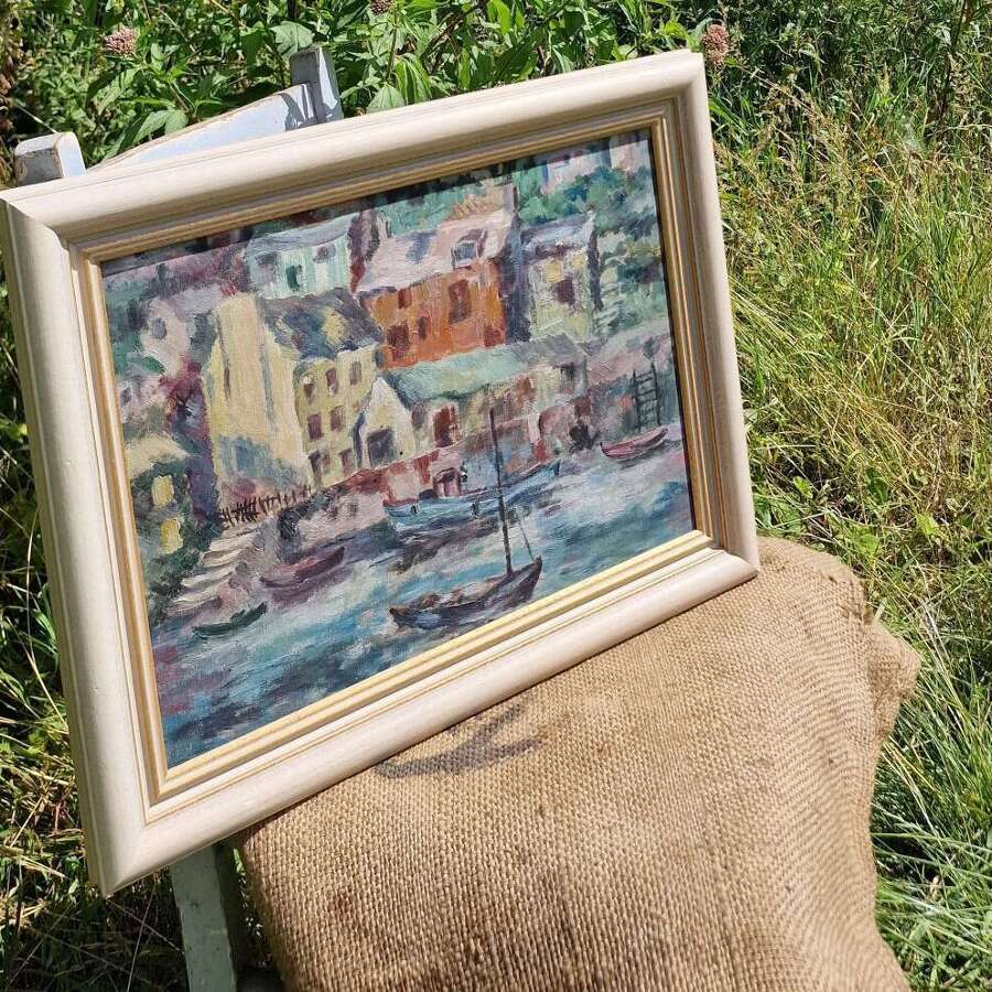 Framed harbour scene painting