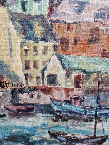 Framed harbour scene painting