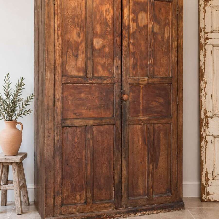 Large antique pitch pine school cupboard