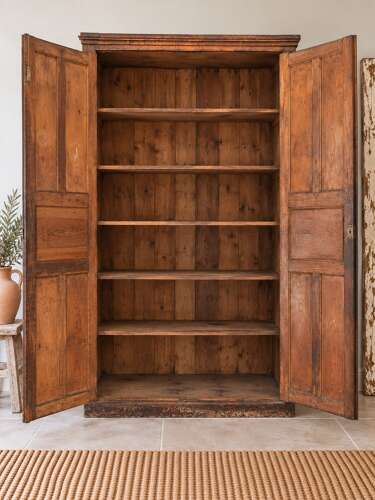 Large antique pitch pine school cupboard